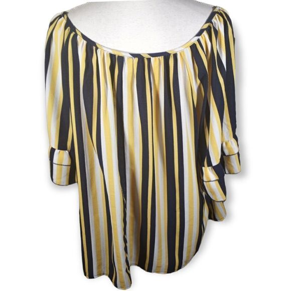 UNIQUE SPECTRUM YELLOW, WHITE, & NAVY OFF-THE-SHOULDER BLOUSE SZ.3X EUC - Picture 3 of 5